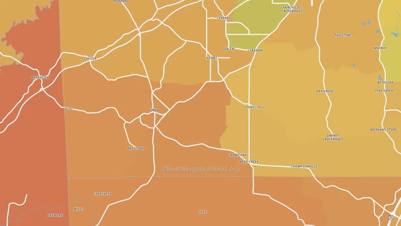 Map of the best neighborhoods in the Utica area, with better matches in green and worse matches in red