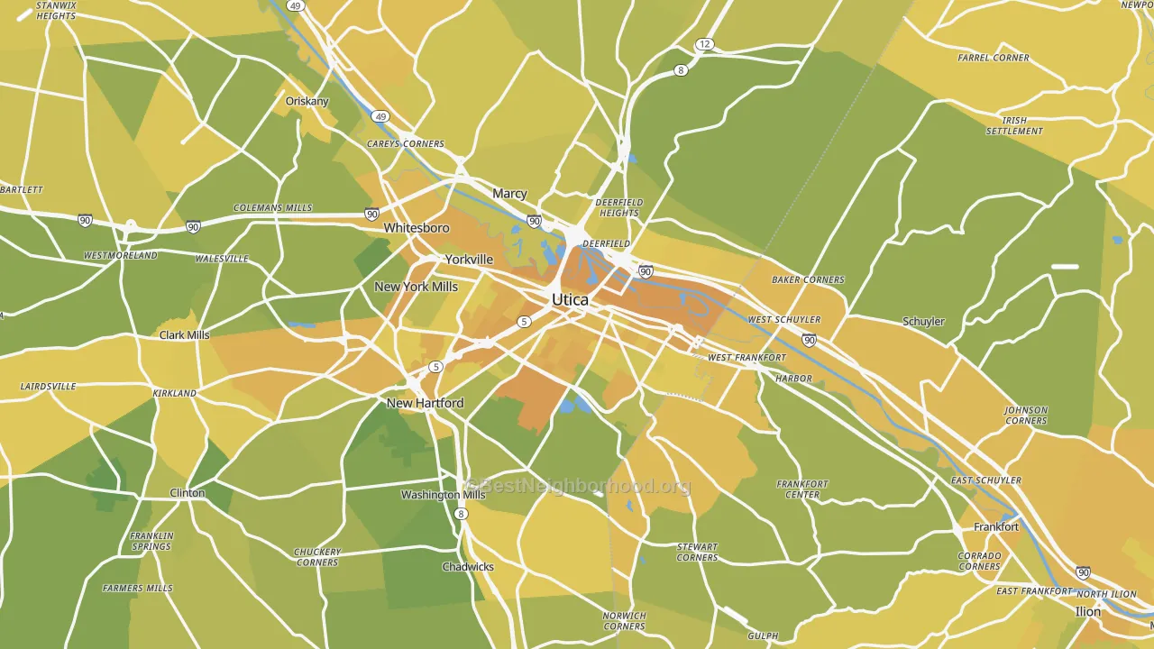 Map of the best neighborhoods in the Utica Metro area, with better matches in green and worse matches in red