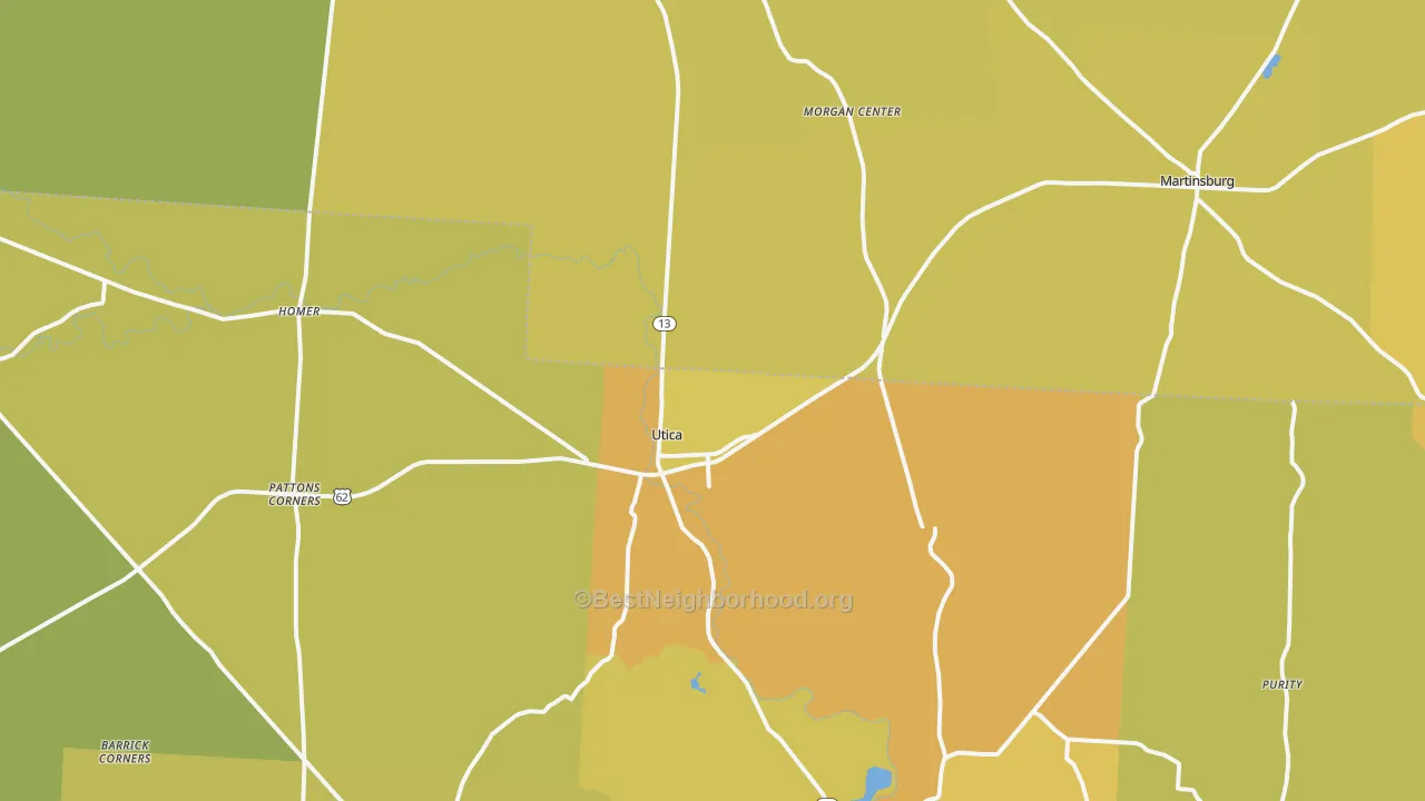 Map of the best neighborhoods in the Utica area, with better matches in green and worse matches in red