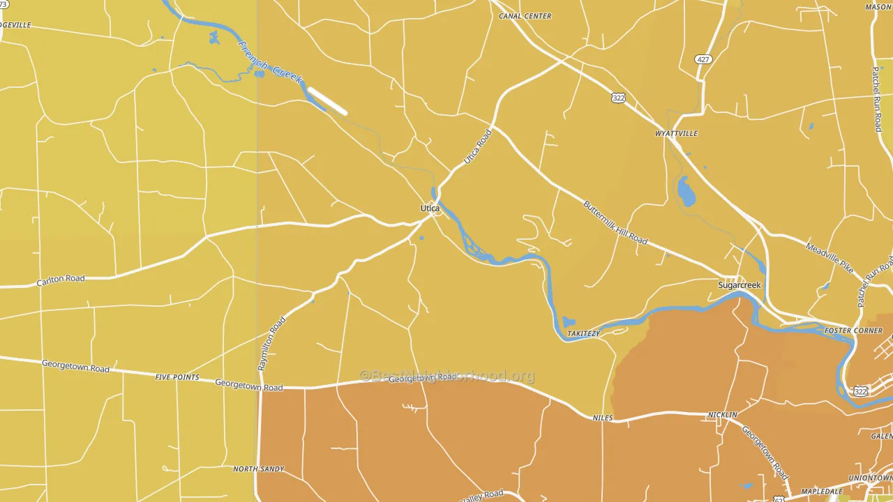 Map of the best neighborhoods in the Utica area, with better matches in green and worse matches in red