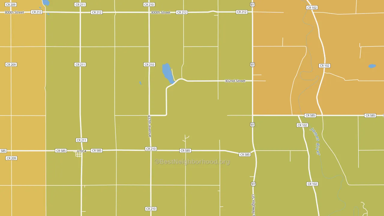 Map of the best neighborhoods in the Utica area, with better matches in green and worse matches in red