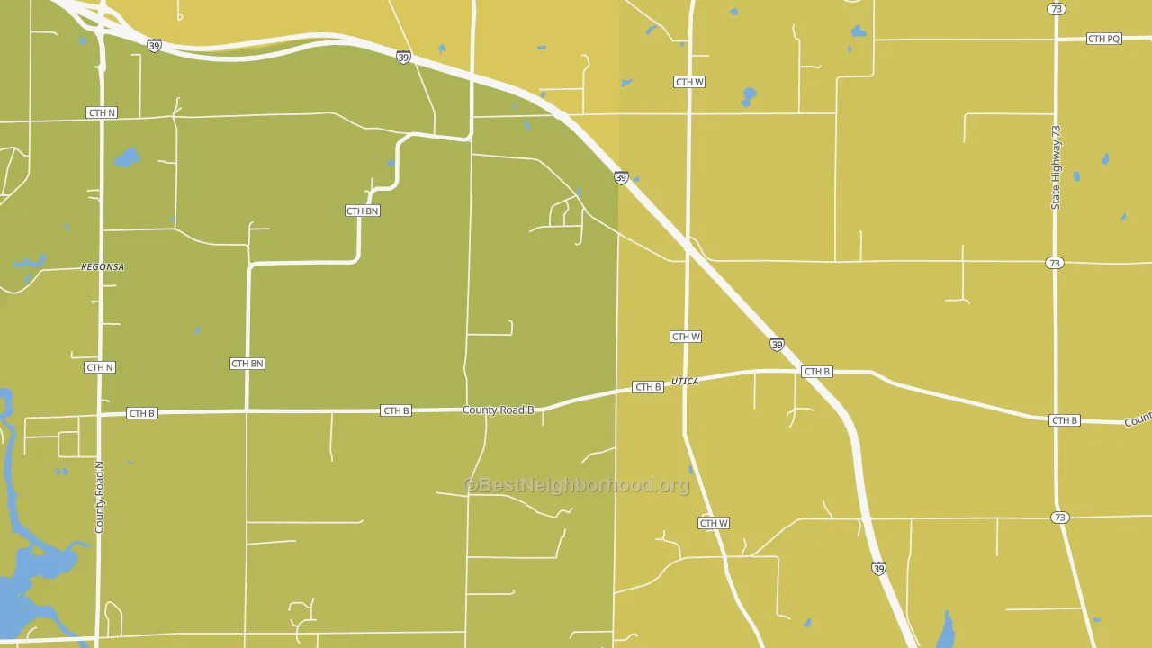 Map of the best neighborhoods in the Utica area, with better matches in green and worse matches in red
