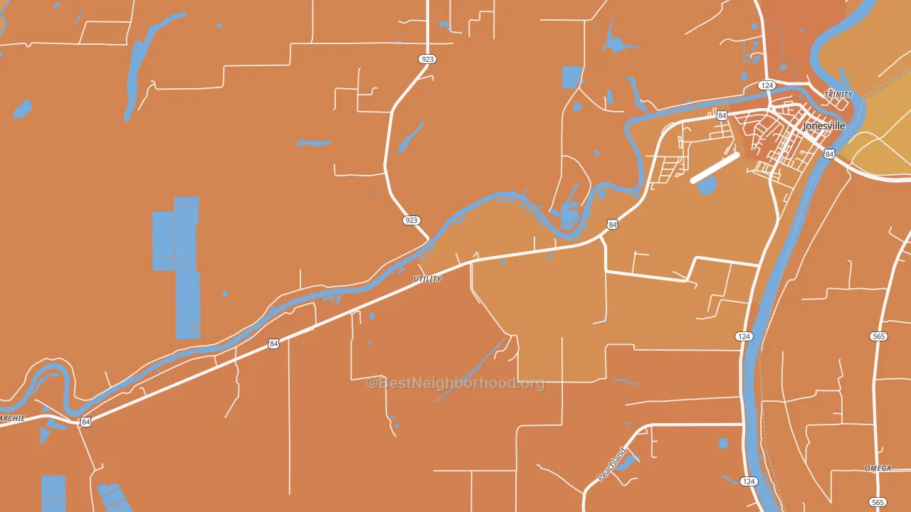 Map of the best neighborhoods in the Utility area, with better matches in green and worse matches in red