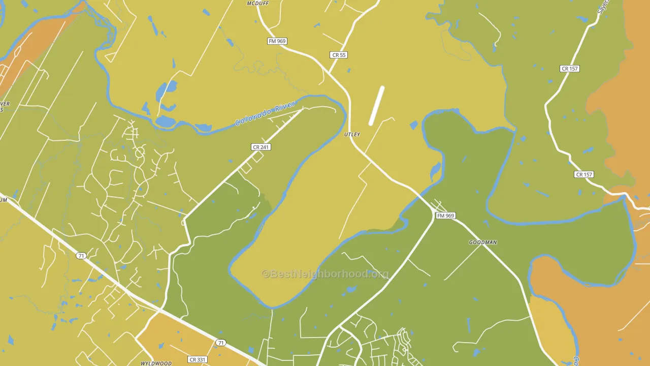 Map of the best neighborhoods in the Utley area, with better matches in green and worse matches in red