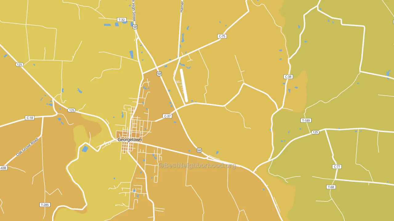 Map of the best neighborhoods in the Utopia area, with better matches in green and worse matches in red