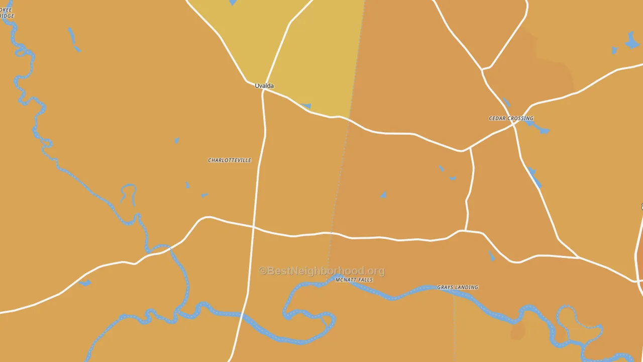 Map of the best neighborhoods in the Uvalda area, with better matches in green and worse matches in red