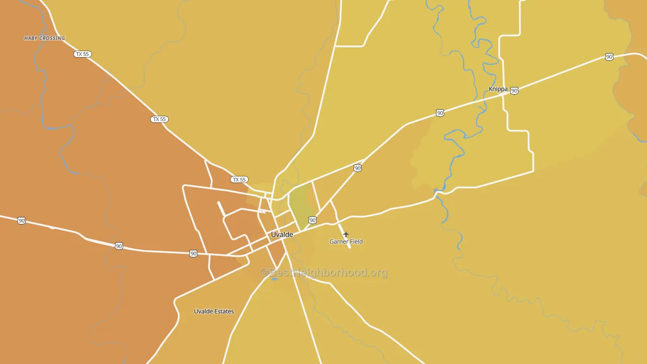 Map of the best neighborhoods in the Uvalde County area, with better matches in green and worse matches in red