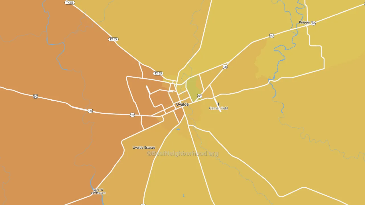 Map of the best neighborhoods in the Uvalde area, with better matches in green and worse matches in red