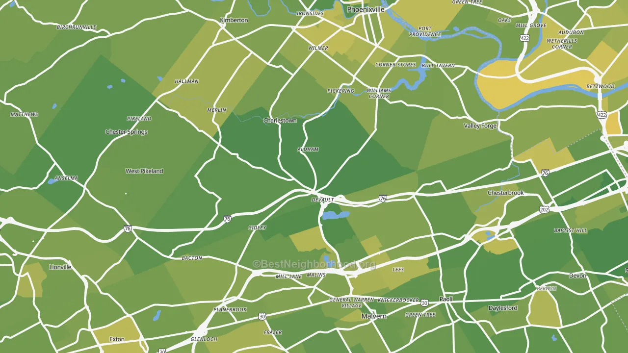 Map of the best neighborhoods in the Uwchland area, with better matches in green and worse matches in red