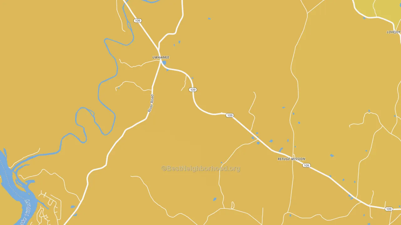 Map of the best neighborhoods in the Uwharrie area, with better matches in green and worse matches in red