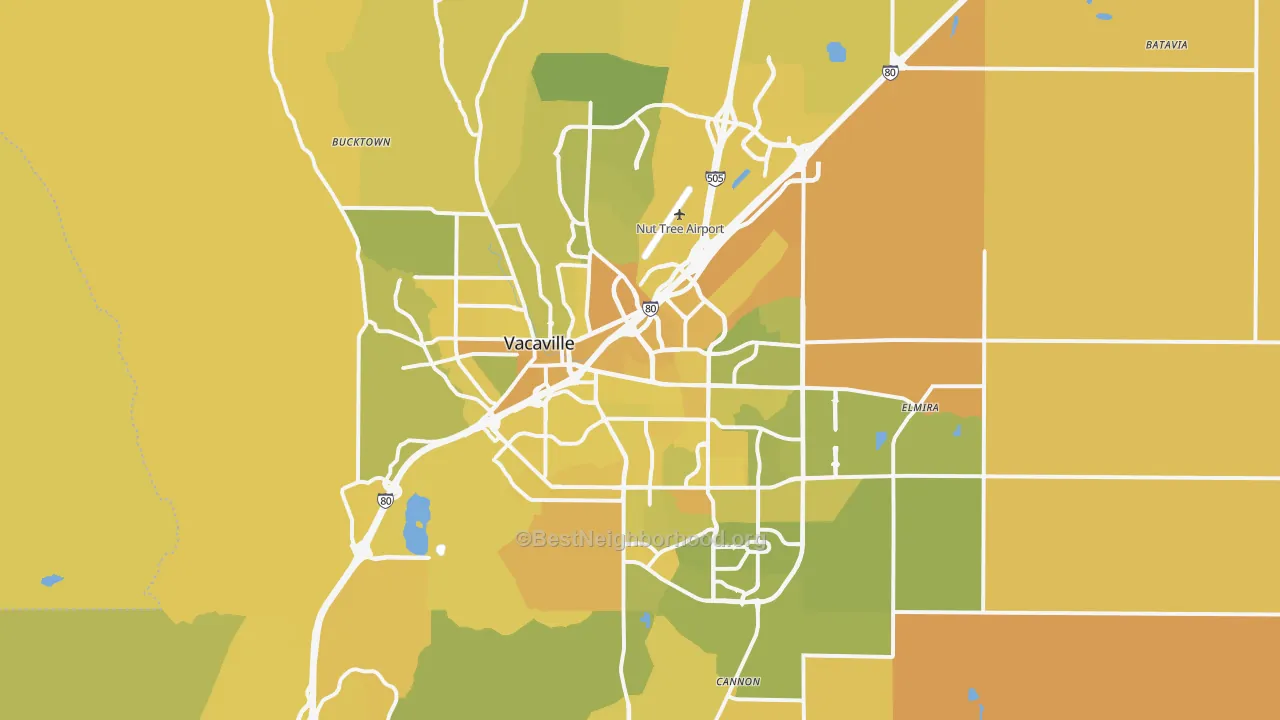 Map of the best neighborhoods in the Vacaville area, with better matches in green and worse matches in red