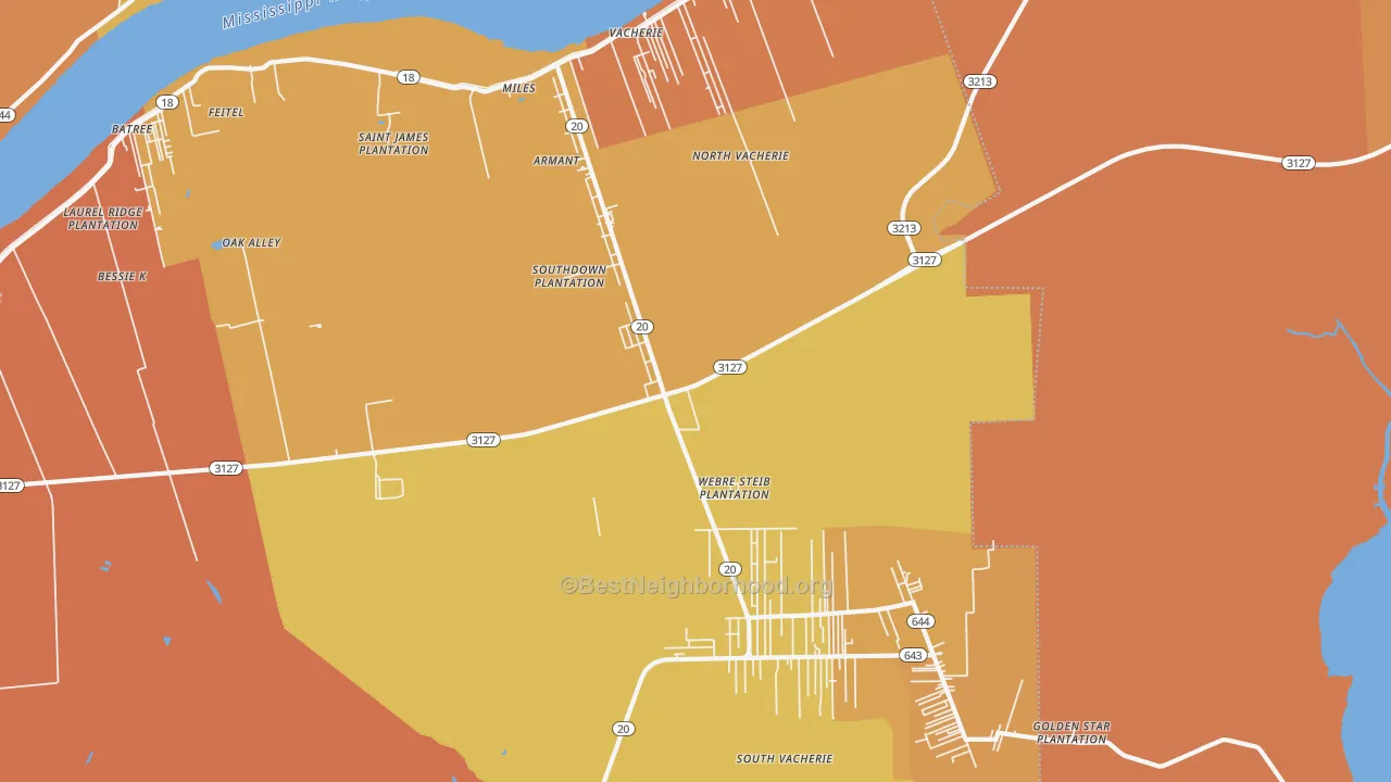 Map of the best neighborhoods in the Vacherie area, with better matches in green and worse matches in red