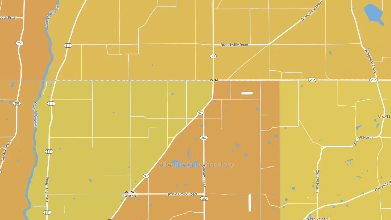 Map of the best neighborhoods in the Vada area, with better matches in green and worse matches in red