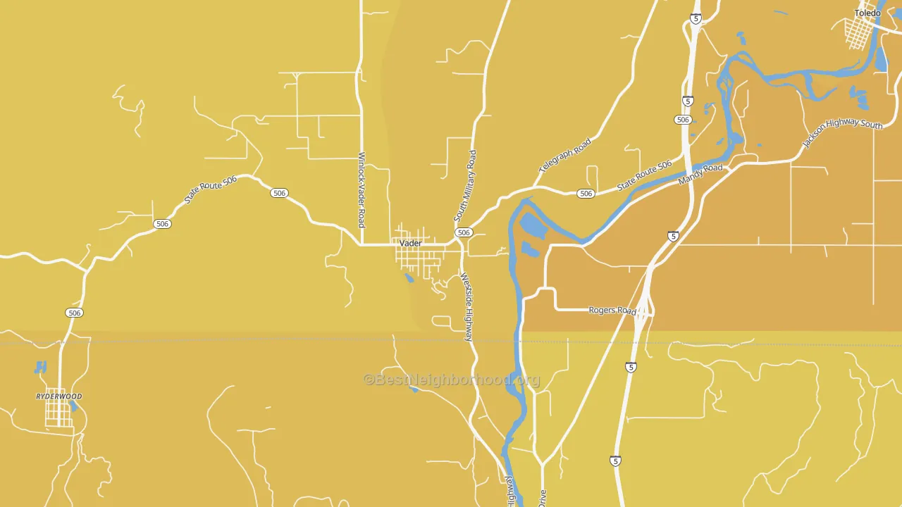 Map of the best neighborhoods in the Vader area, with better matches in green and worse matches in red