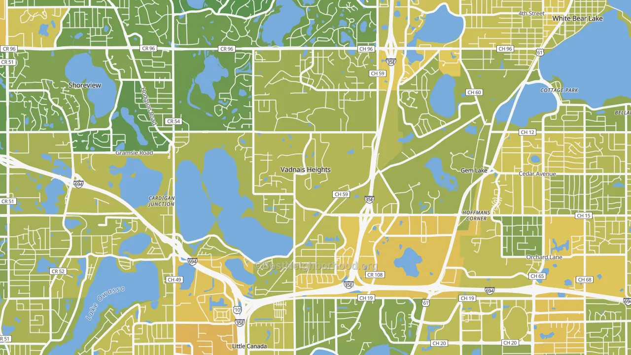 Map of the best neighborhoods in the Vadnais Heights area, with better matches in green and worse matches in red