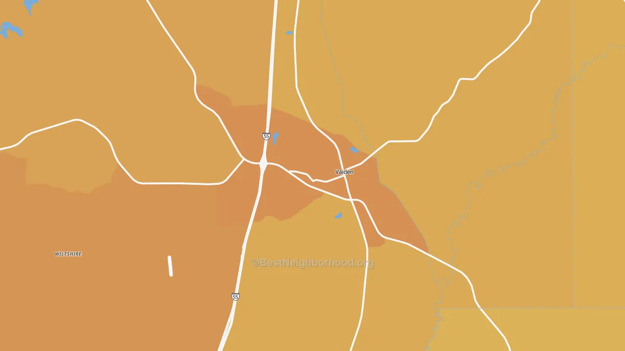 Map of the best neighborhoods in the Vaiden area, with better matches in green and worse matches in red
