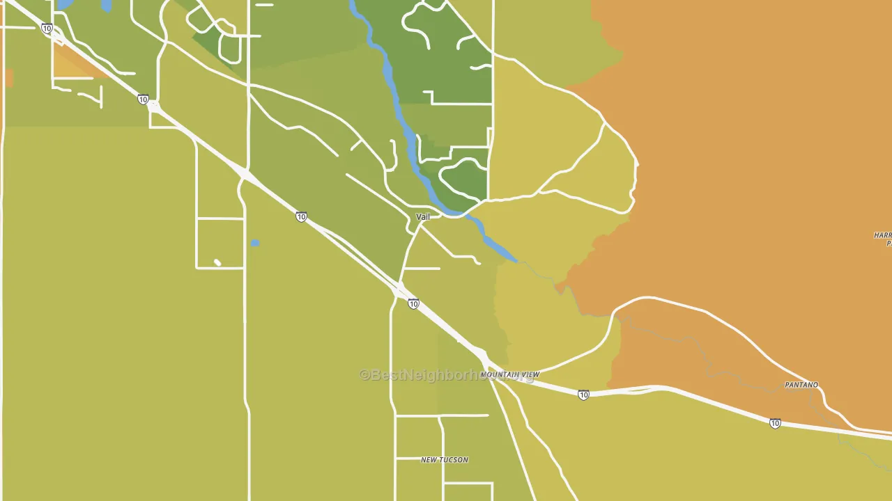 Map of the best neighborhoods in the Vail area, with better matches in green and worse matches in red