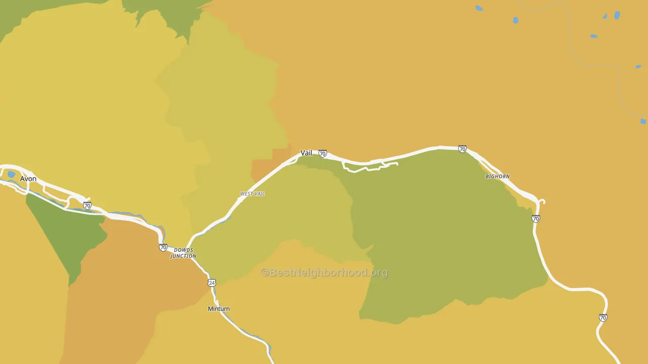 Map of the best neighborhoods in the Vail area, with better matches in green and worse matches in red