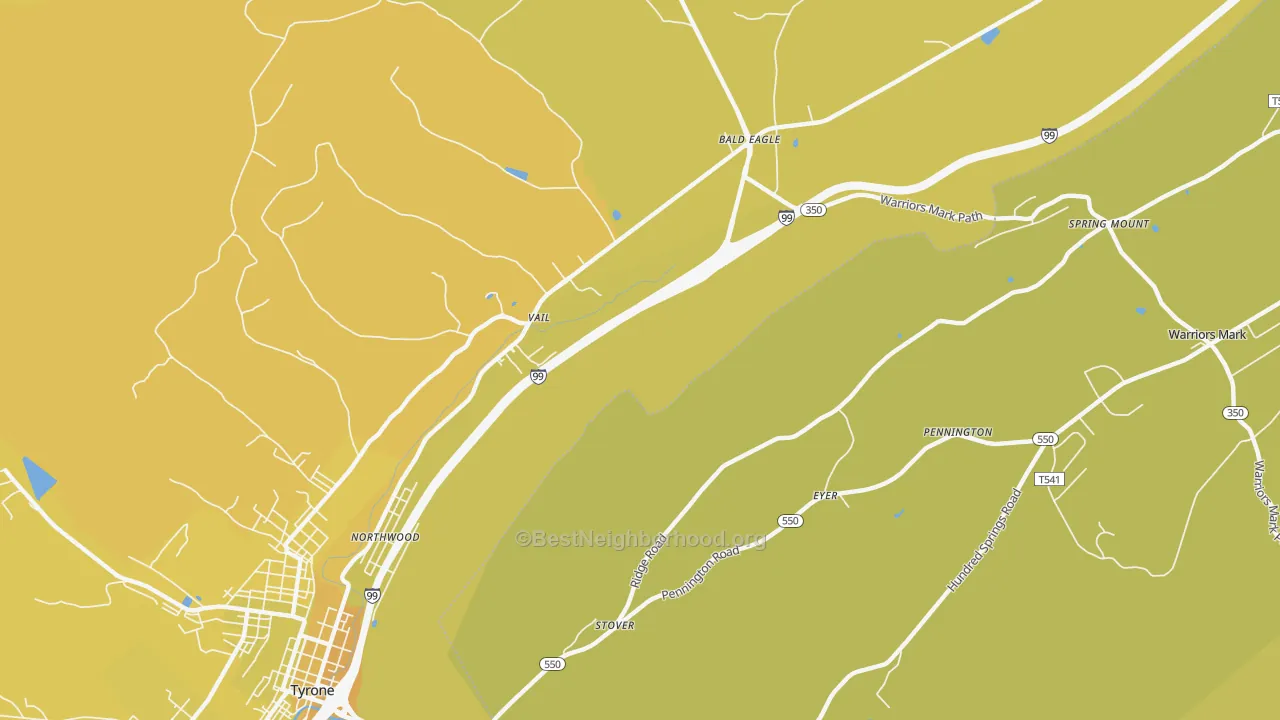 Map of the best neighborhoods in the Vail area, with better matches in green and worse matches in red