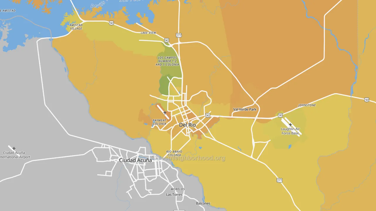 Map of the best neighborhoods in the Val Verde County area, with better matches in green and worse matches in red