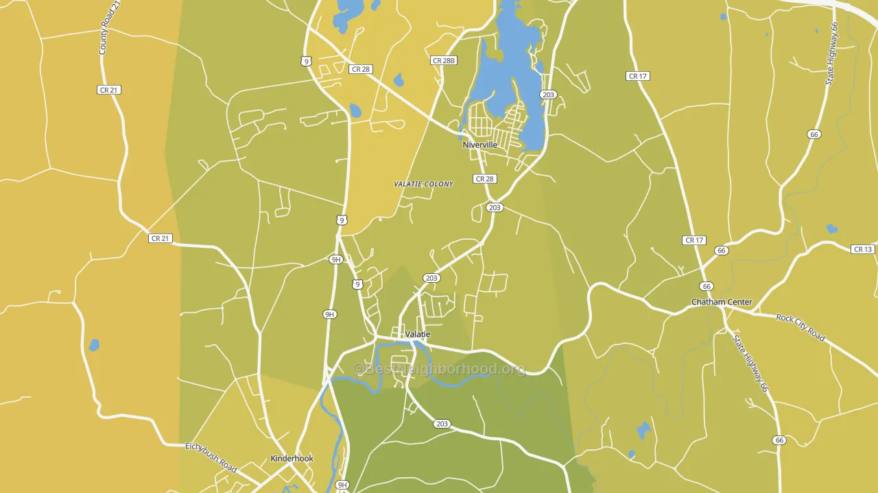 Map of the best neighborhoods in the Valatie area, with better matches in green and worse matches in red