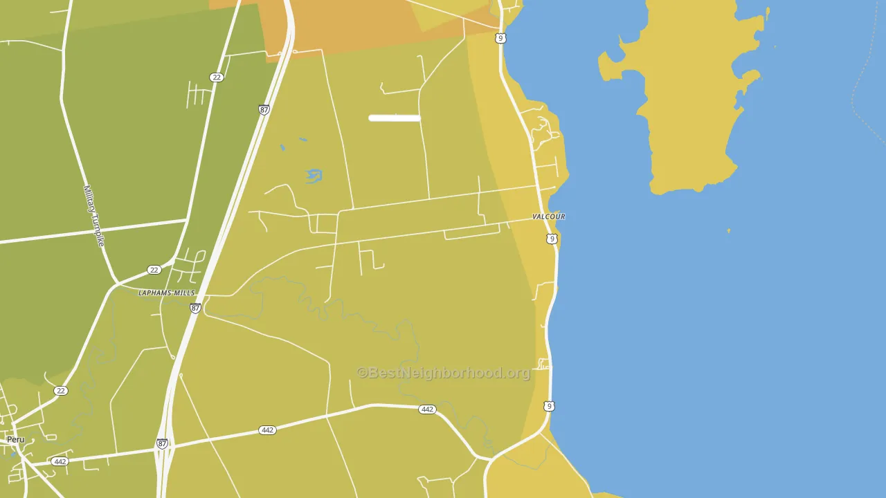 Map of the best neighborhoods in the Valcour area, with better matches in green and worse matches in red