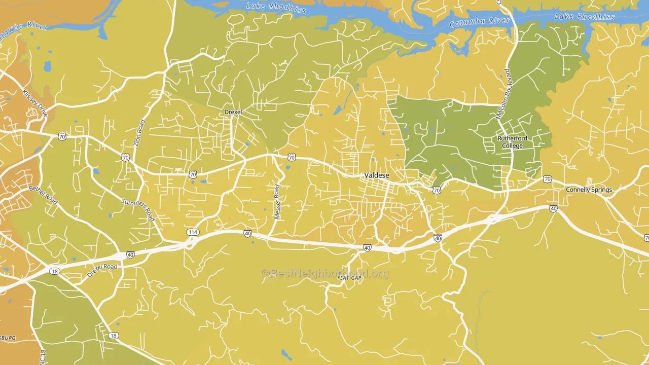Map of the best neighborhoods in the Valdese area, with better matches in green and worse matches in red