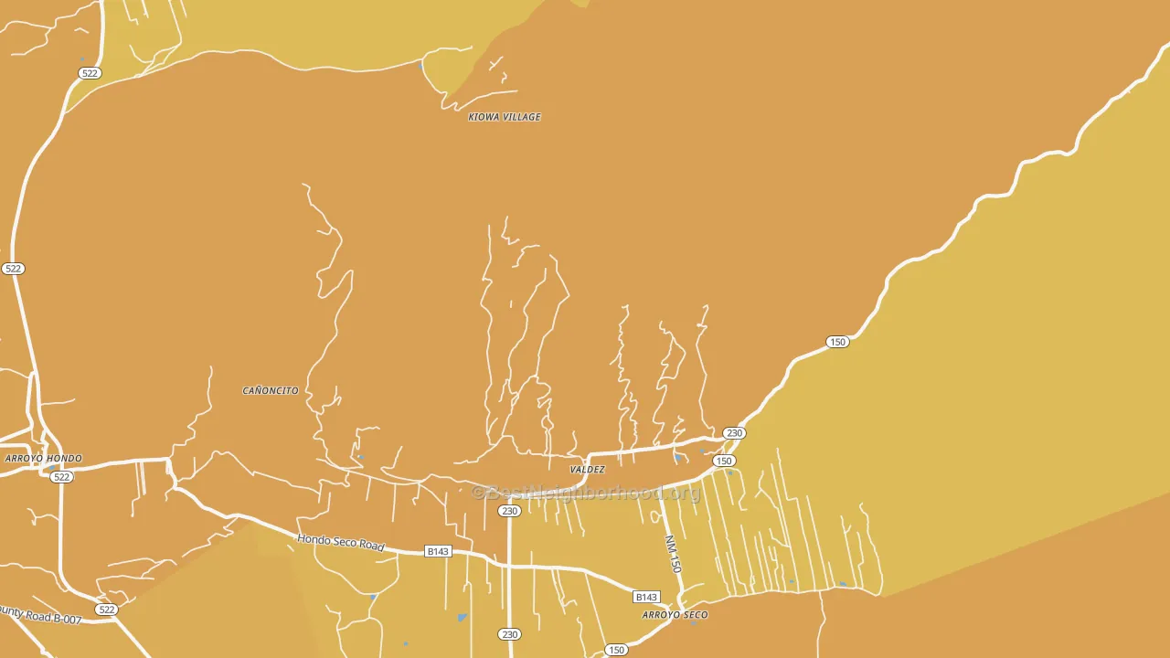 Map of the best neighborhoods in the Valdez area, with better matches in green and worse matches in red