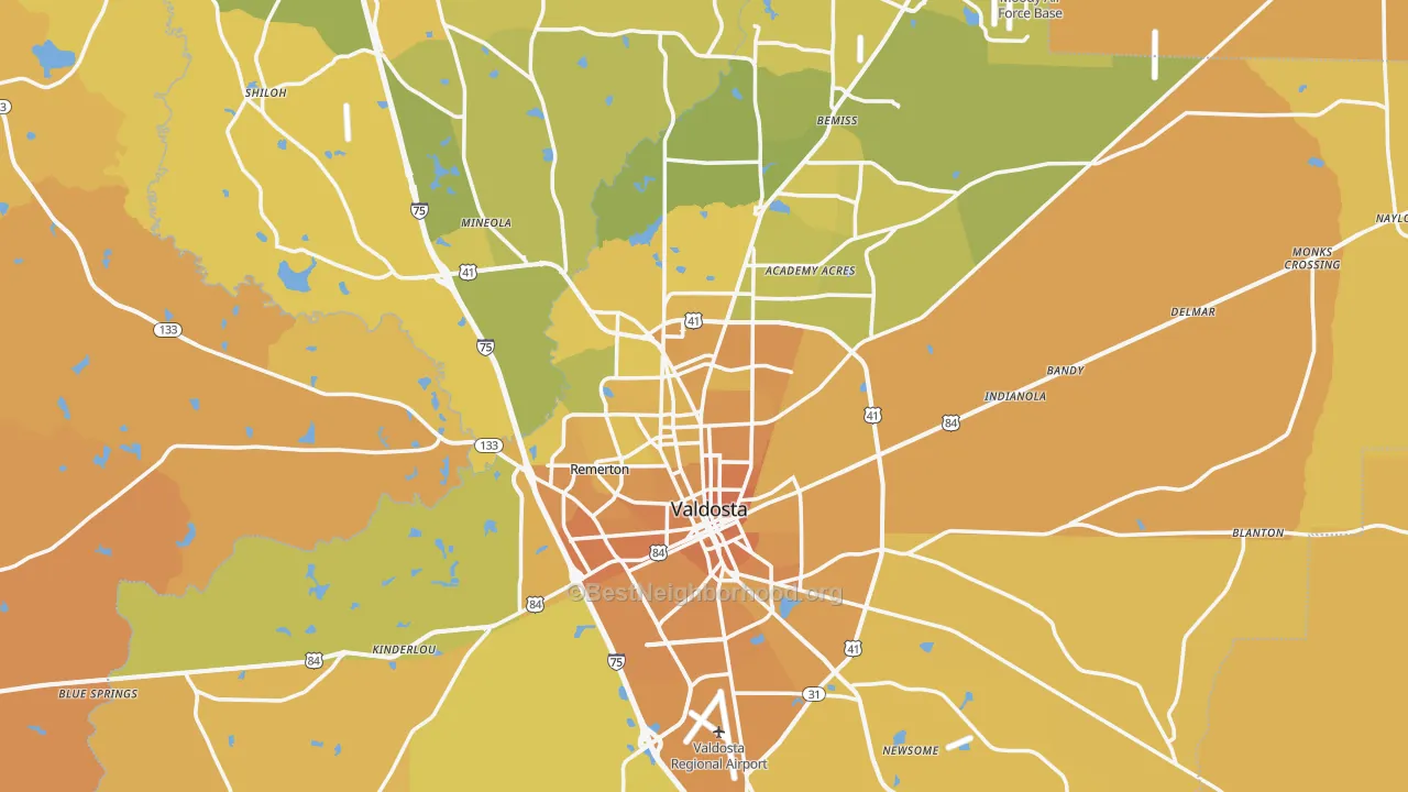 Map of the best neighborhoods in the Valdosta Metro area, with better matches in green and worse matches in red