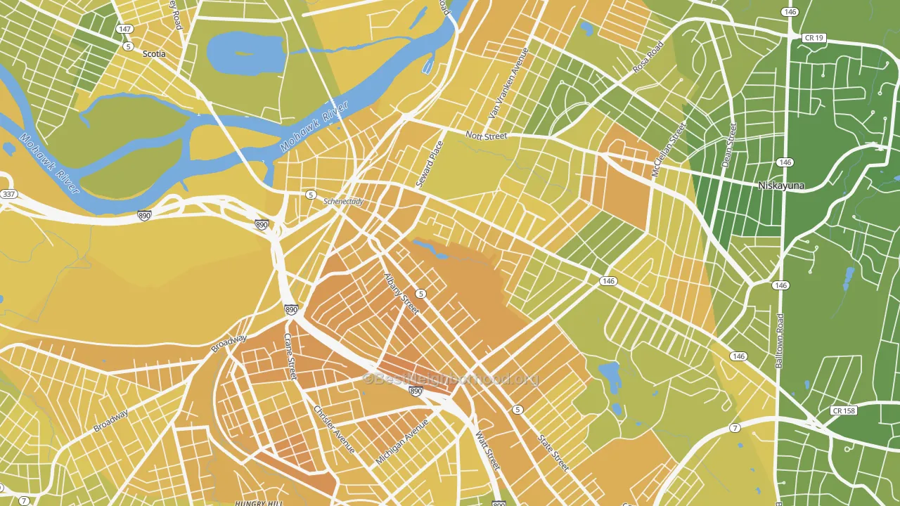 Map of the best neighborhoods in the Vale and Eastern Avenue, Schenectady area, with better matches in green and worse matches in red
