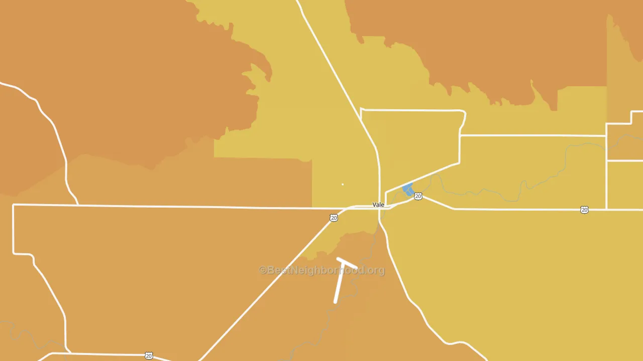 Map of the best neighborhoods in the Vale area, with better matches in green and worse matches in red