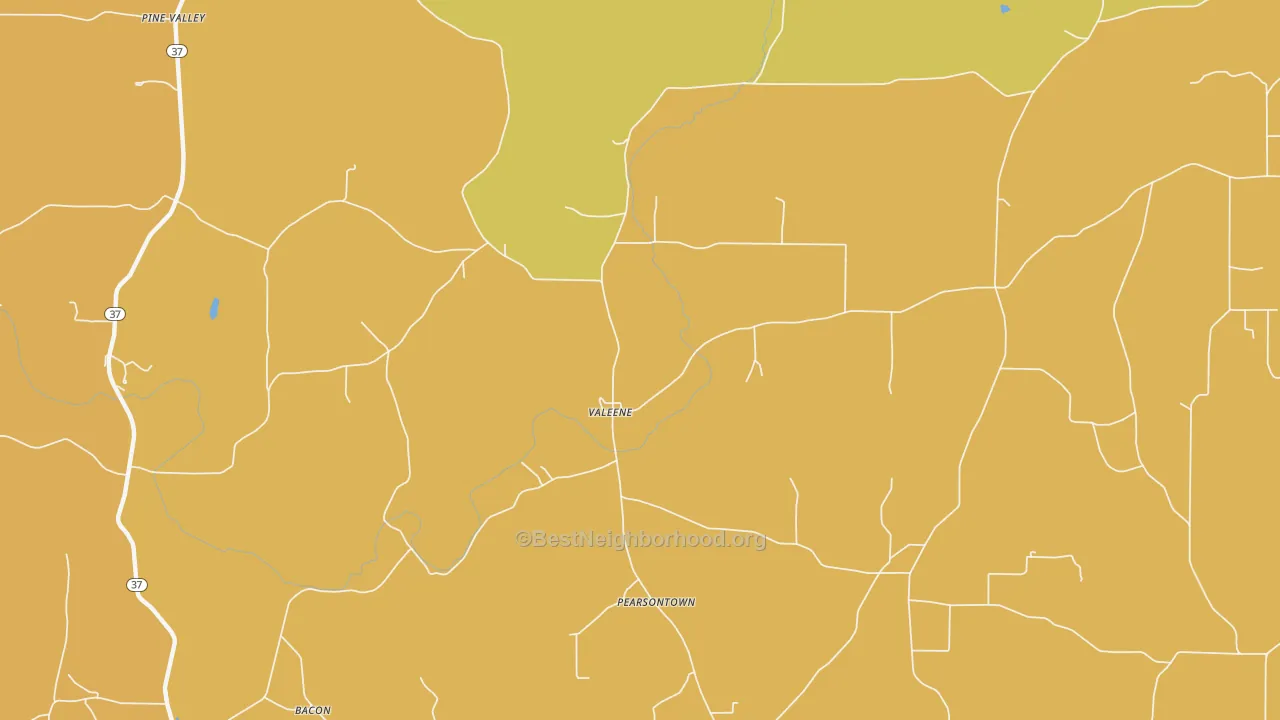 Map of the best neighborhoods in the Valeene area, with better matches in green and worse matches in red