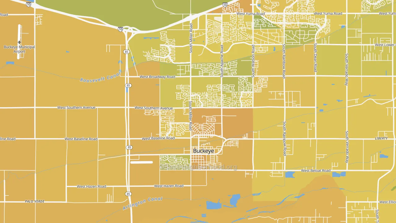 Map of the best neighborhoods in the Valencia, Buckeye area, with better matches in green and worse matches in red