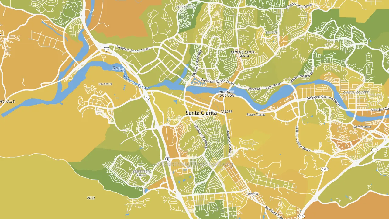 Map of the best neighborhoods in the Valencia area, with better matches in green and worse matches in red