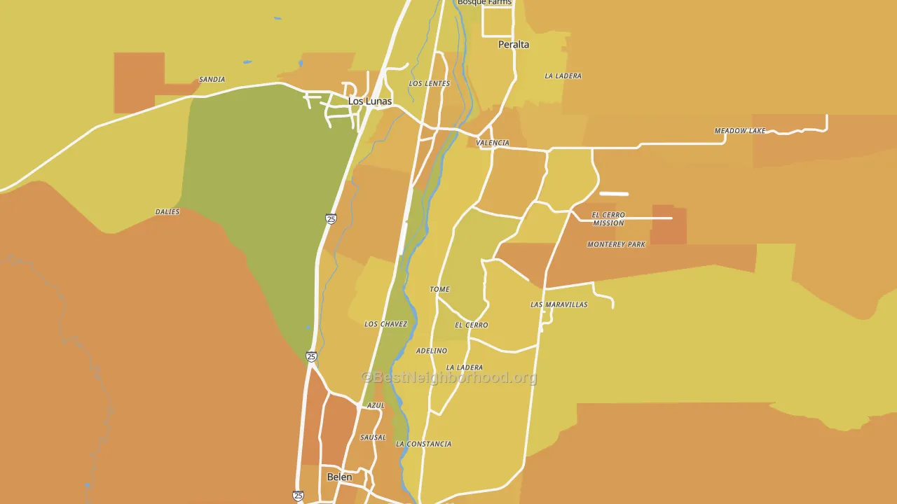 Map of the best neighborhoods in the Valencia County area, with better matches in green and worse matches in red