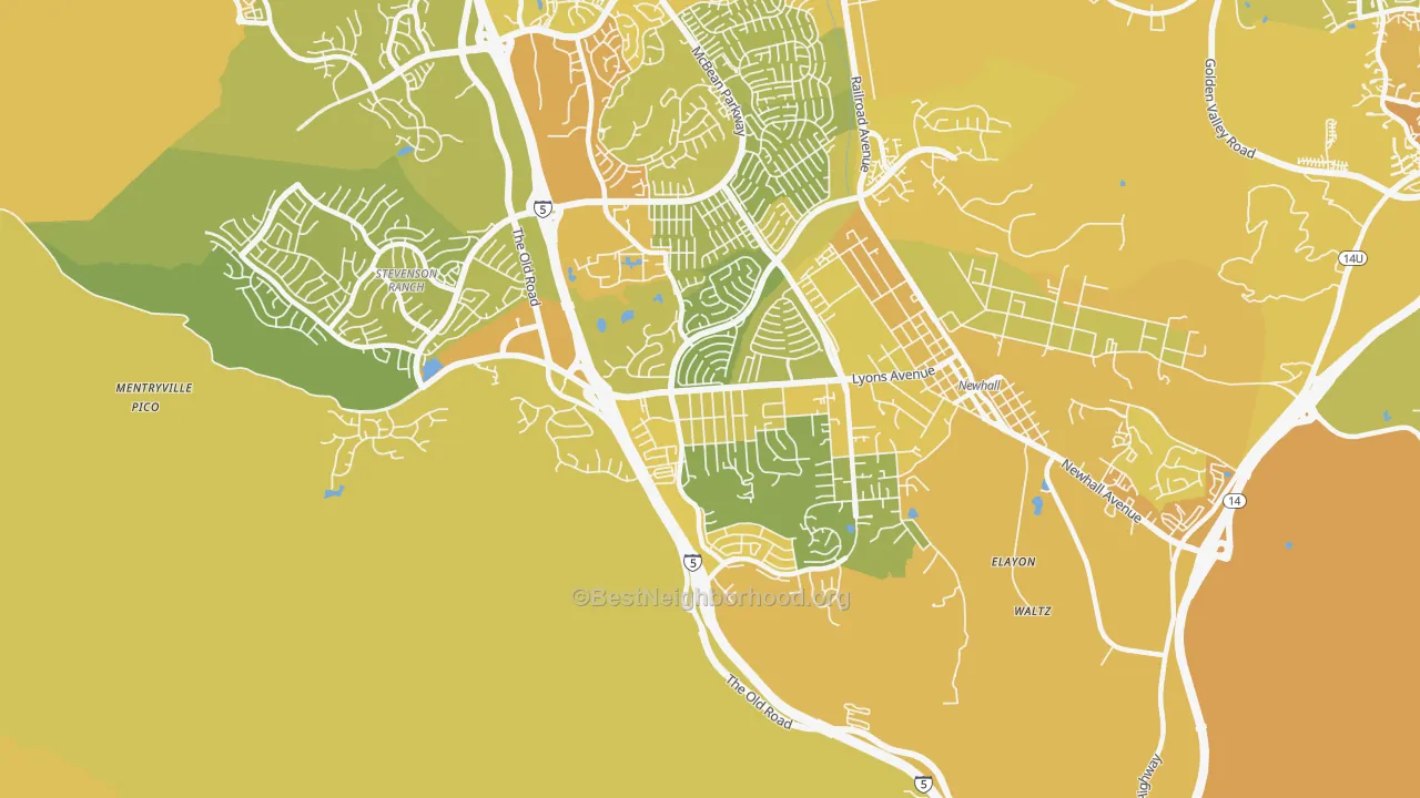 Map of the best neighborhoods in the Valencia, Newhall area, with better matches in green and worse matches in red