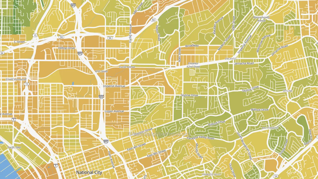 Map of the best neighborhoods in the Valencia Park, San Diego area, with better matches in green and worse matches in red
