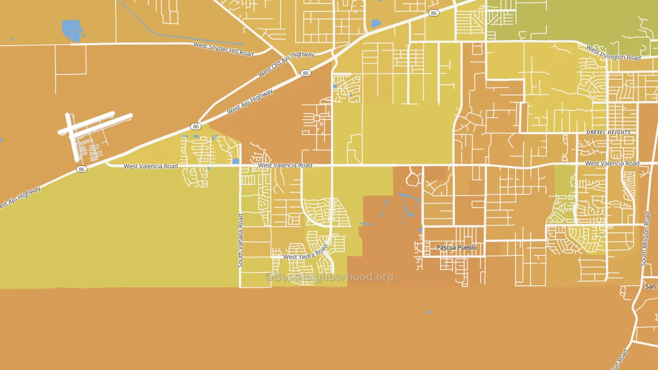 Map of the best neighborhoods in the Valencia West area, with better matches in green and worse matches in red