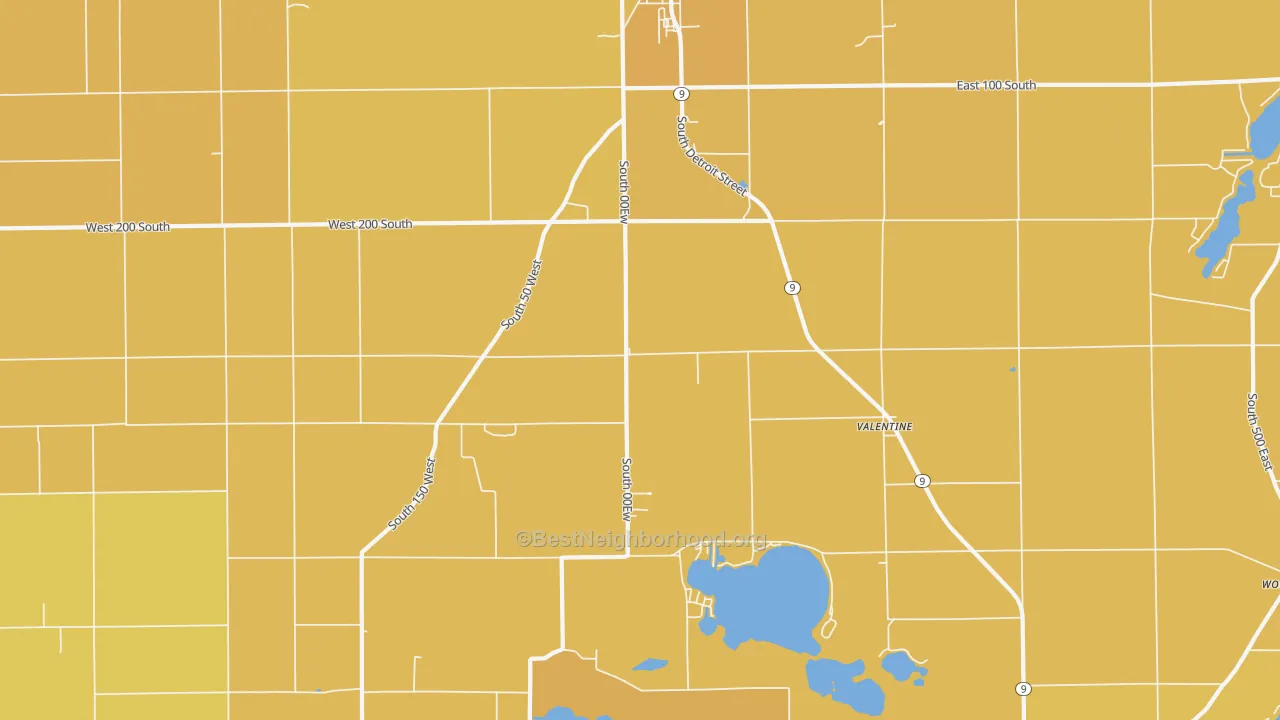 Map of the best neighborhoods in the Valentine area, with better matches in green and worse matches in red