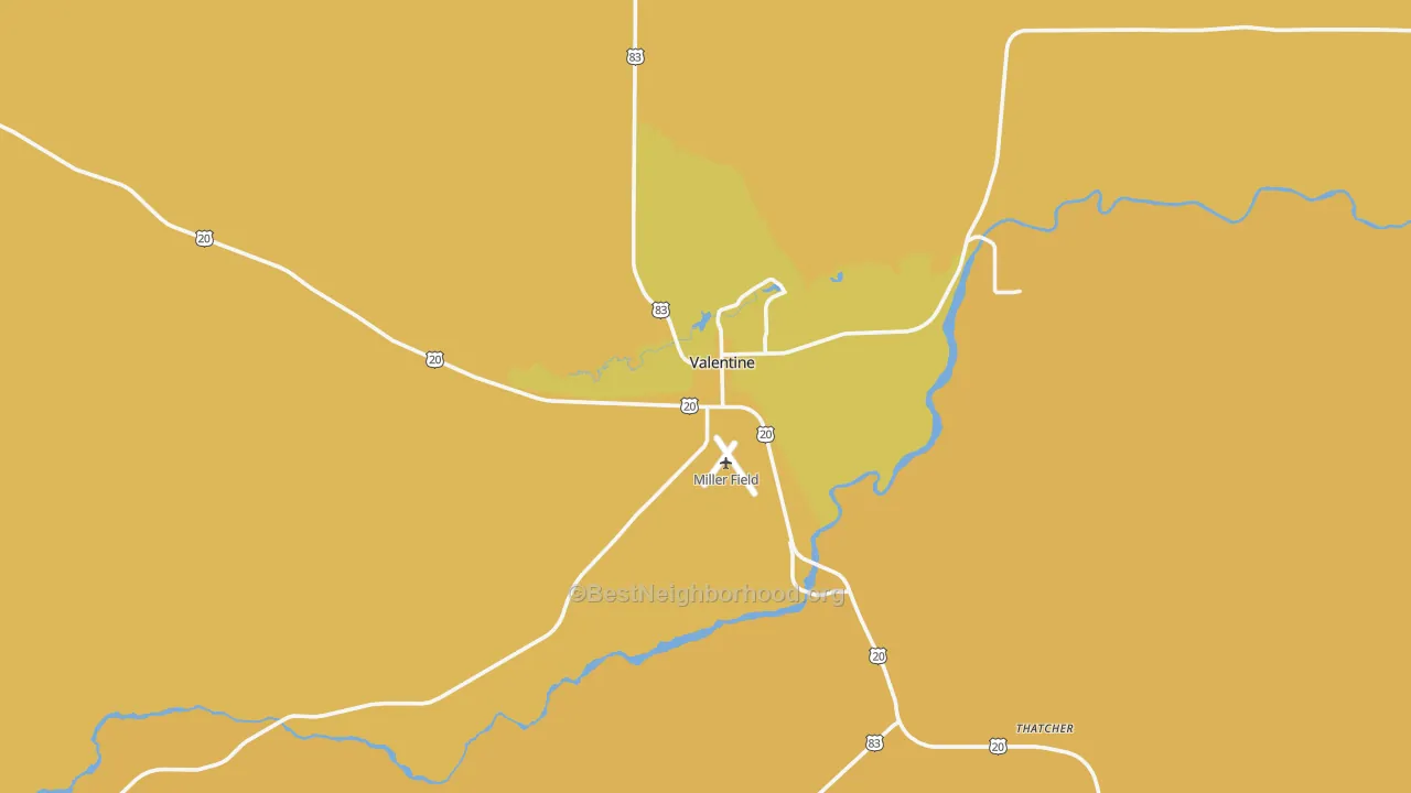 Map of the best neighborhoods in the Valentine area, with better matches in green and worse matches in red