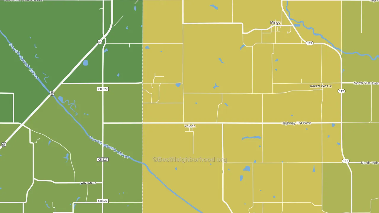 Map of the best neighborhoods in the Valeria area, with better matches in green and worse matches in red