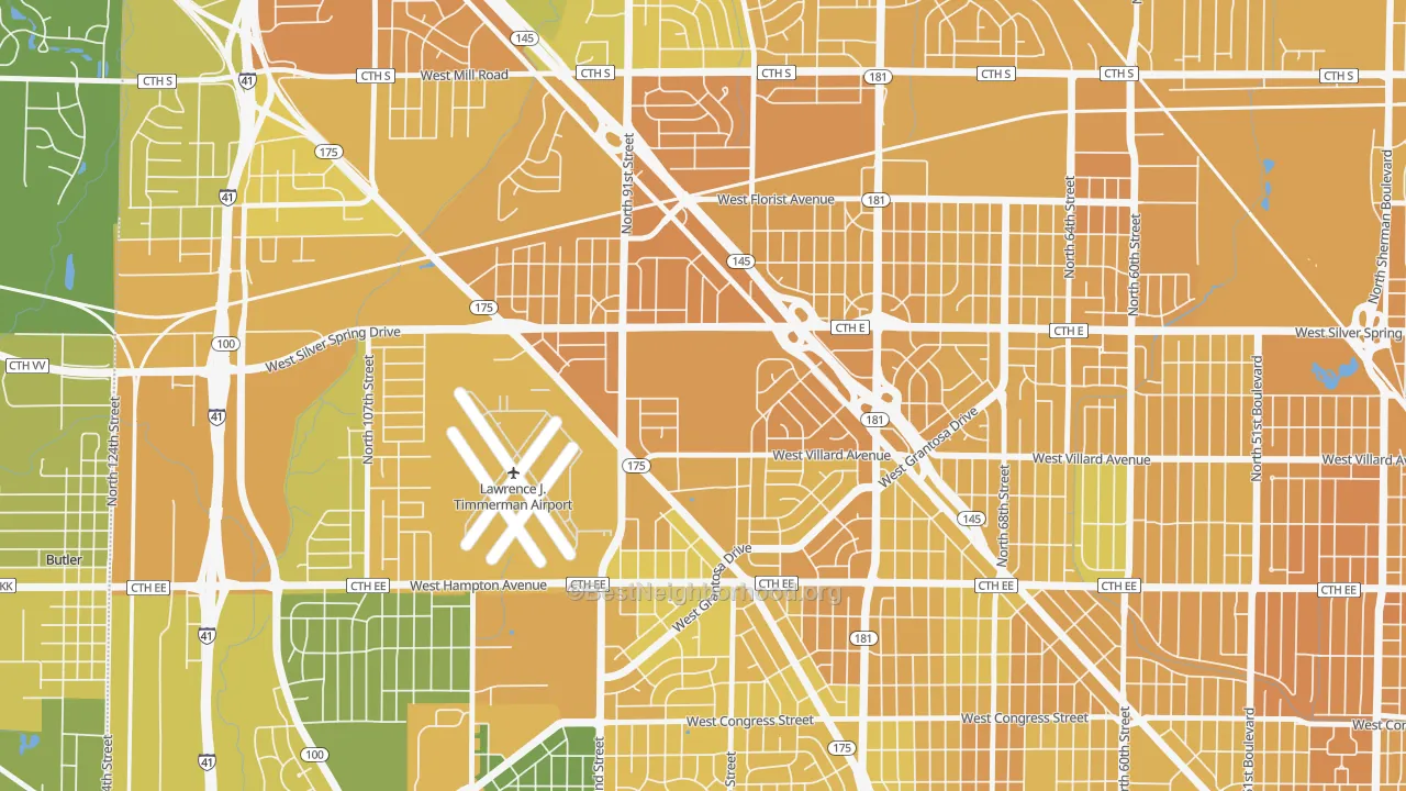 Map of the best neighborhoods in the Valhalla, Milwaukee area, with better matches in green and worse matches in red
