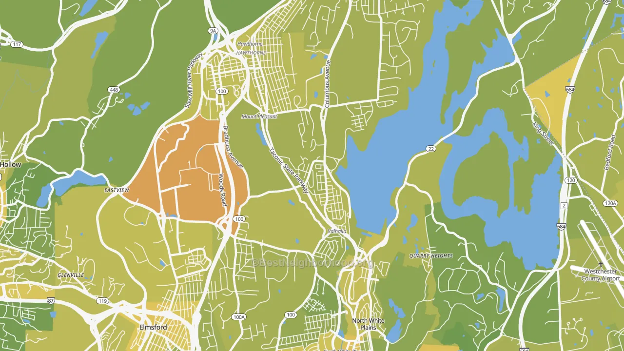 Map of the best neighborhoods in the Valhalla area, with better matches in green and worse matches in red