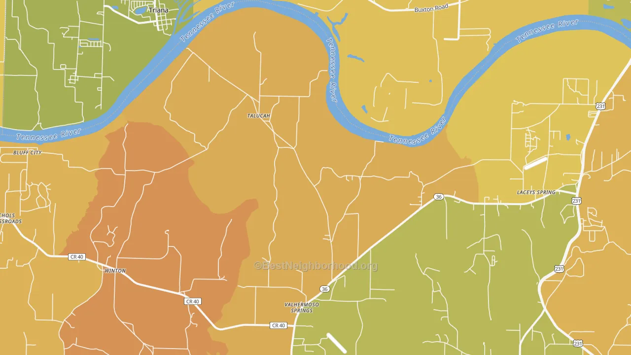 Map of the best neighborhoods in the Valhermoso Springs area, with better matches in green and worse matches in red