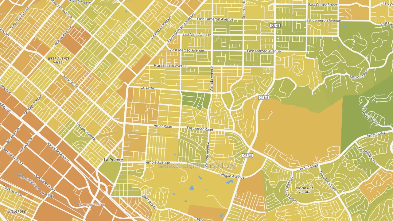 Map of the best neighborhoods in the Valinda area, with better matches in green and worse matches in red