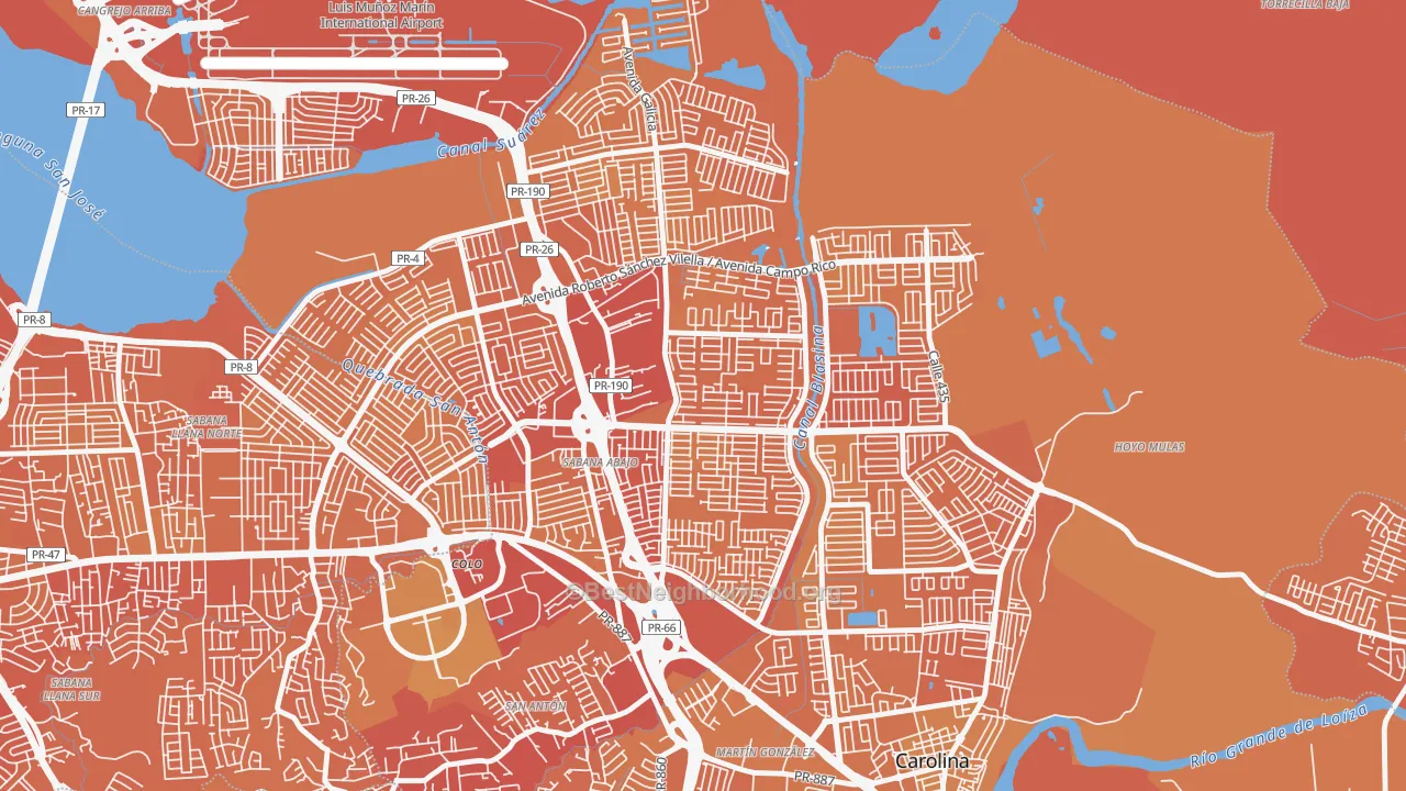 Map of the best neighborhoods in the Valle Arriba Hts, Carolina area, with better matches in green and worse matches in red