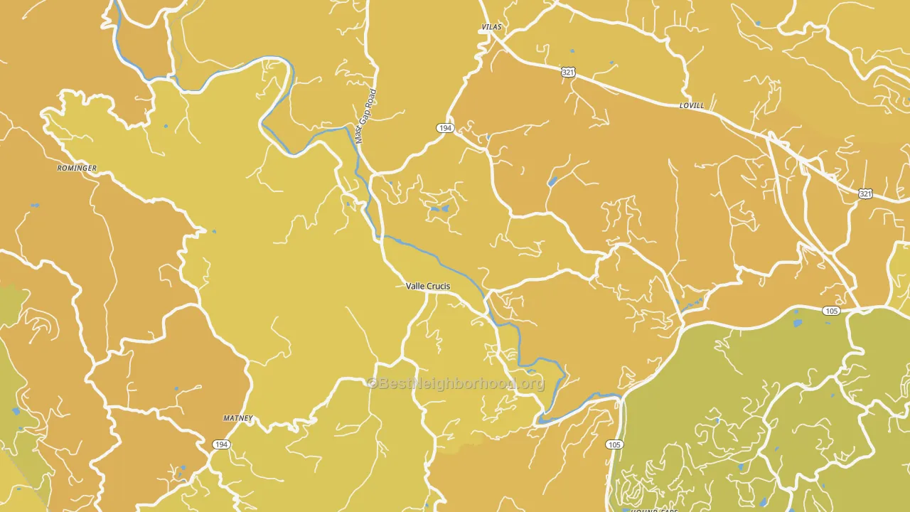 Map of the best neighborhoods in the Valle Crucis area, with better matches in green and worse matches in red