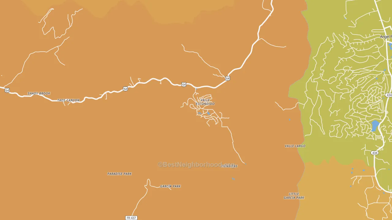 Map of the best neighborhoods in the Valle Escondido area, with better matches in green and worse matches in red