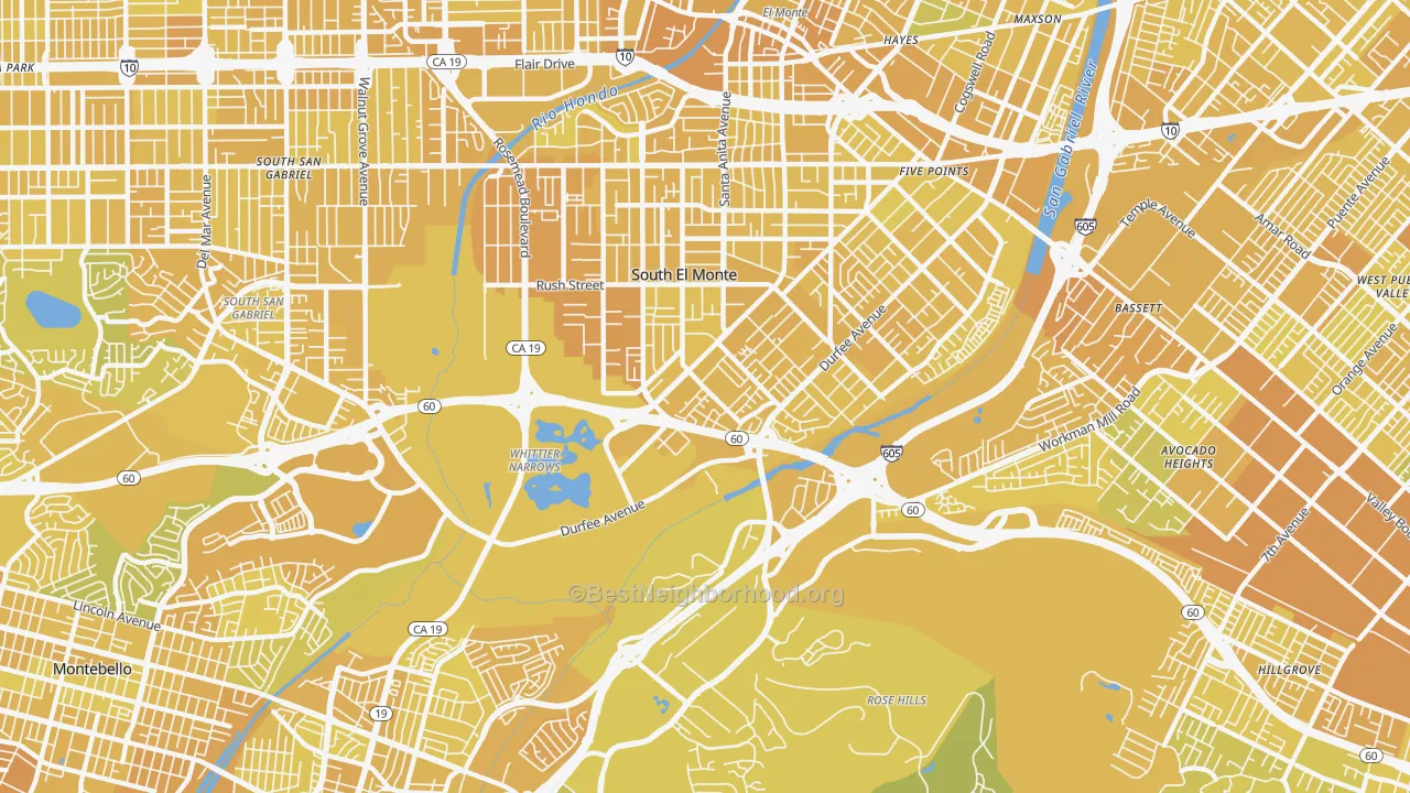 Map of the best neighborhoods in the Valle Lindo, South El Monte area, with better matches in green and worse matches in red