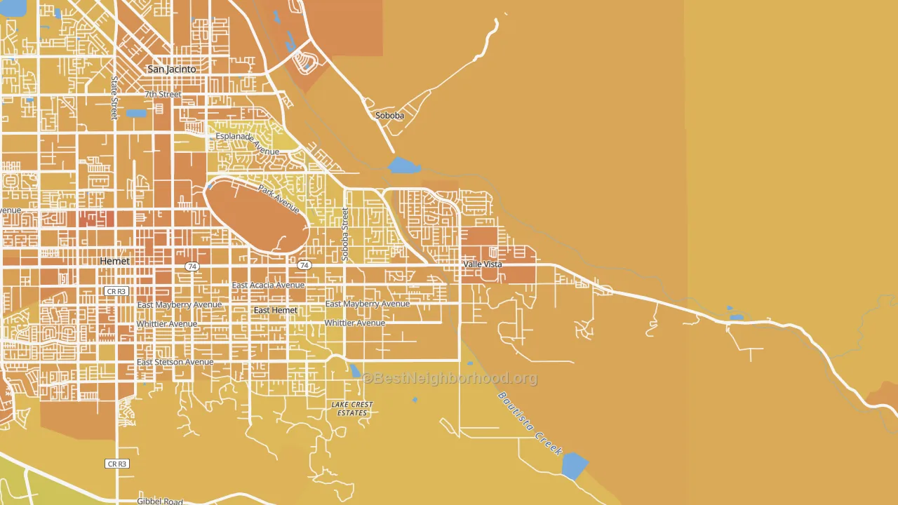 Map of the best neighborhoods in the Valle Vista area, with better matches in green and worse matches in red